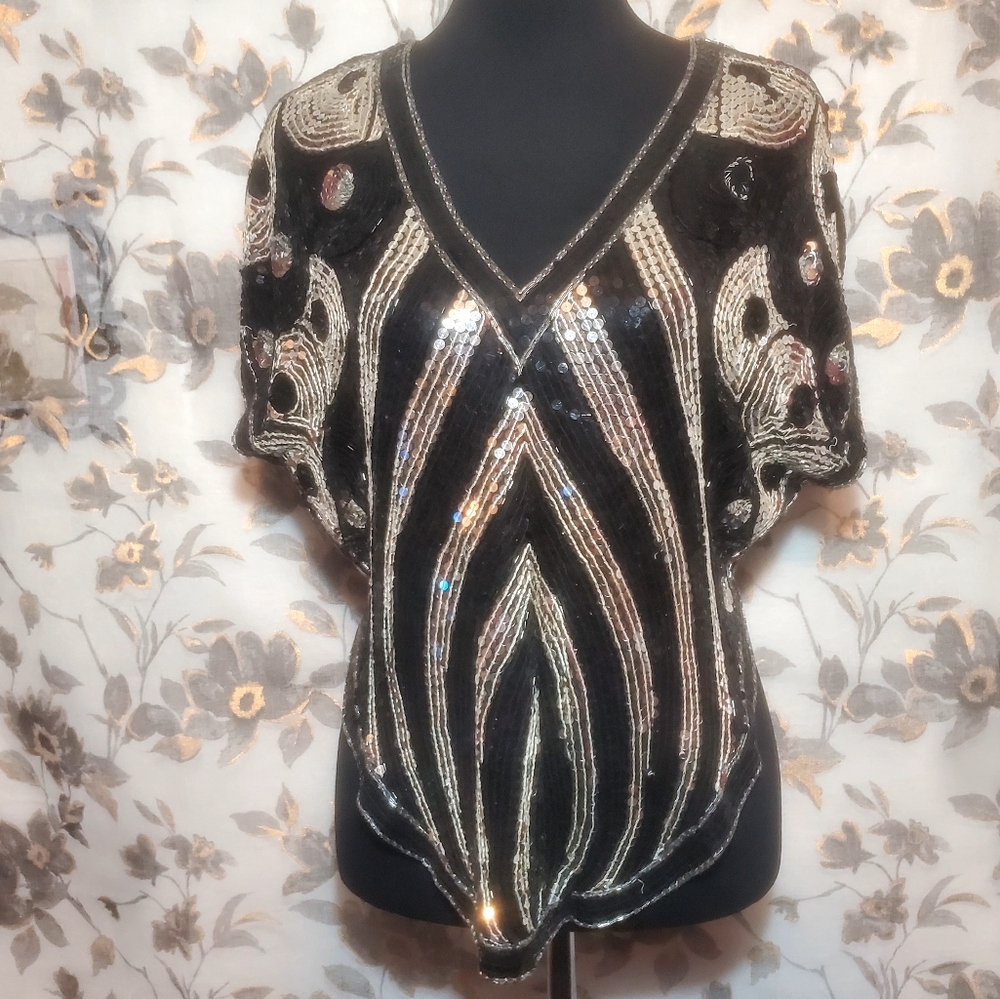 VTG Sequin Embellished Black and Silver Silk Blouse